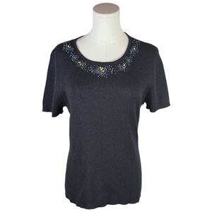 Vintage Sag Harbor Black Beaded Knit Top Short Sleeve Sweater Size M